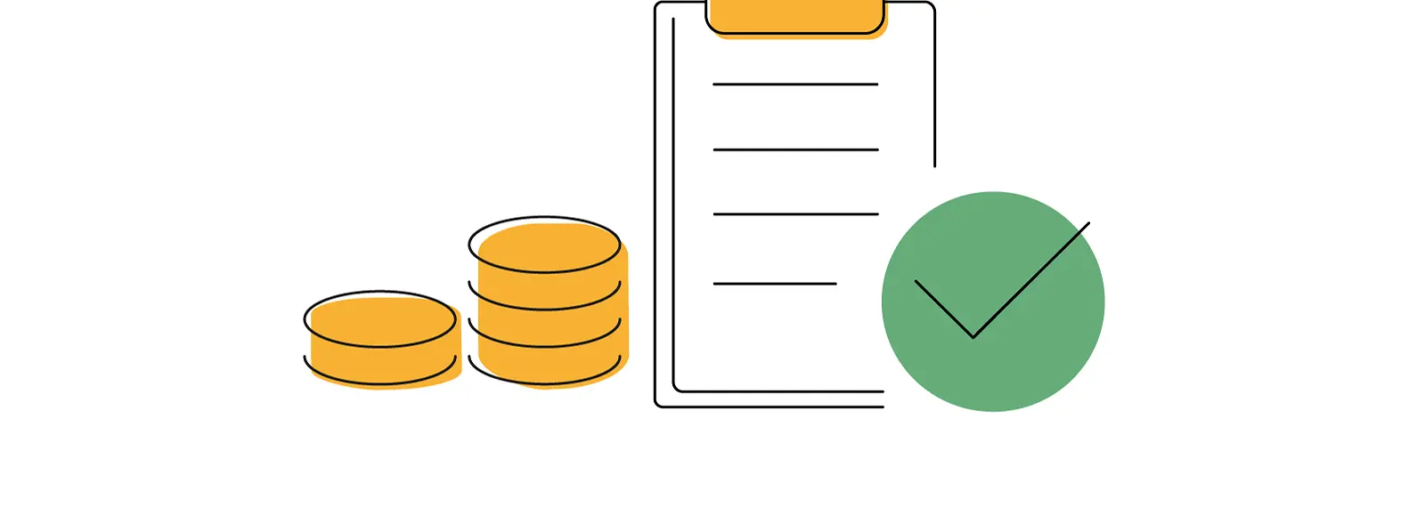 Illustration: Münzstapel, Klemmbrett und Häkchen