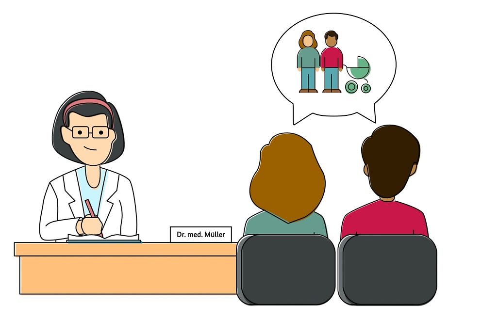 Illustration: Ein Paar während eines Gesprächs mit einer Ärztin
