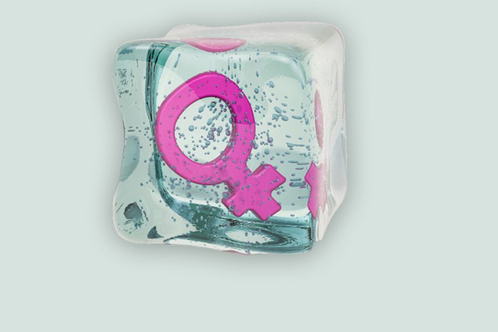 Grafisches Bild von einem Eiswürfel mit einem eingefrorenen Weiblichkeitssymbol