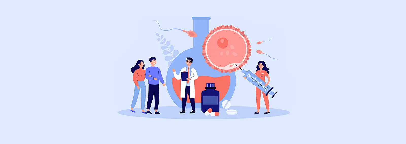 Illustration Glückliches Paar beim Arzt, rechts davon eine Frau mit überdimensionierter Spritze