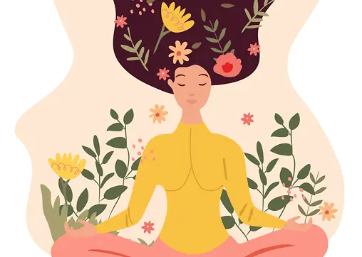 Eine Frau meditiert in einer Yoga-Lotus-Position, umgeben von Blättern und Blumen