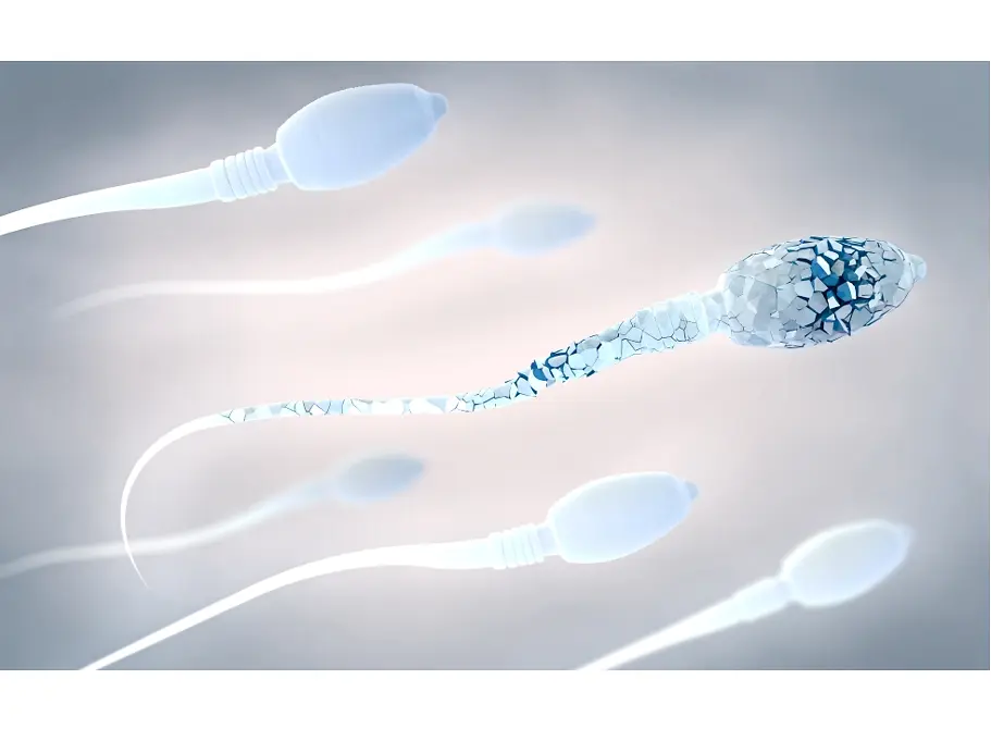 3D Abbildung von Spermien, eines ist beschädigt